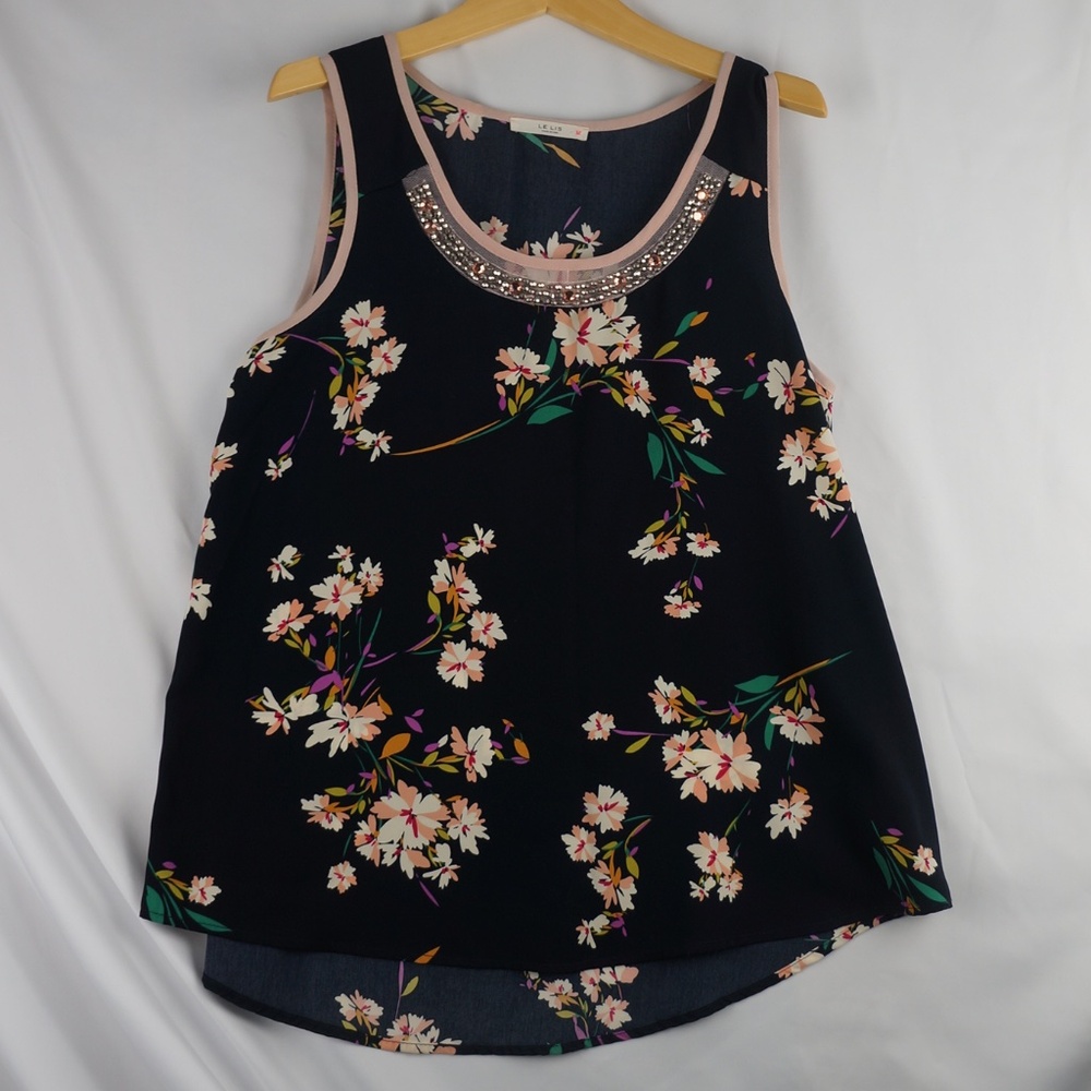Le Lis Floral and Black Tank Blouse with Jewels, Pink Trim, Size Small
